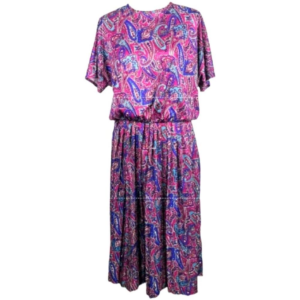 Vintage 80s Purple Paisley Dress Womens Plus Size 18 Midi Short Sleeve Pullover